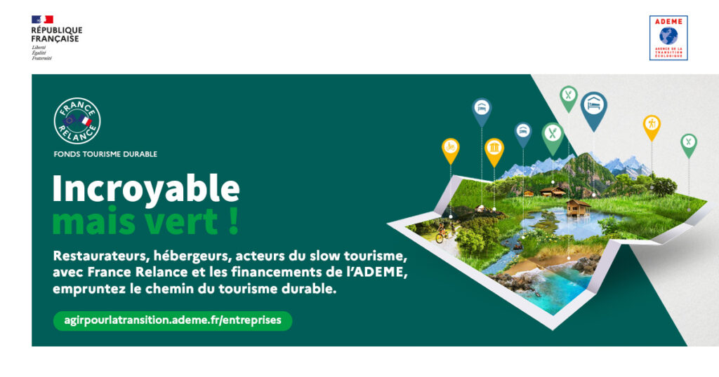 visuel de l'opération FONDS TOURISME DURABLE, piloté par l'ADEME et dont l'ADT64 Béarn Pays basque est partenaire pour accompagner les professionnels du tourisme dan leur transition écologique