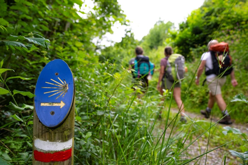 des randonneurs se promènent sur un sentier dans le Béarn, sur le chemin de saint jacques de compostelle, la voie d'Arles, GR653